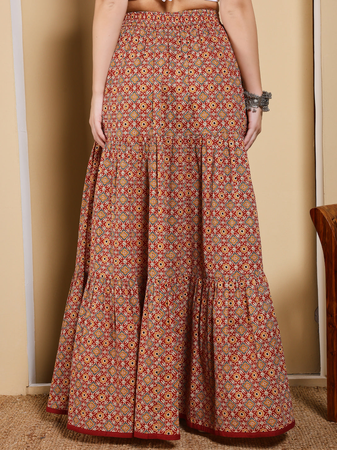 FIORRA Women's Maroon Printed Cotton Flared Skirt